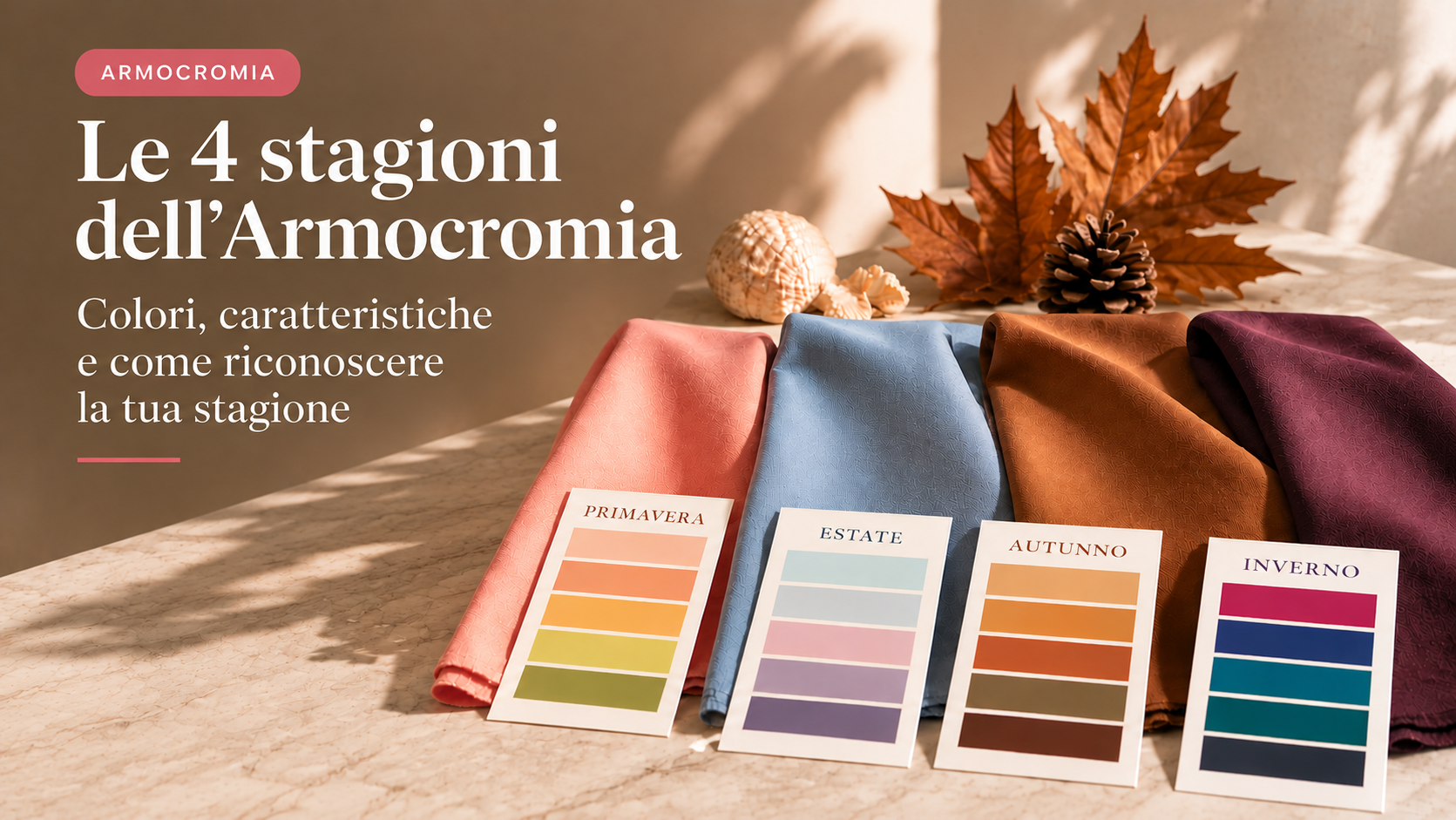 Le 4 stagioni dell'Armocromia: Primavera, Estate, Autunno e Inverno, rappresentate attraverso colori e caratteristiche cromatiche distintive.