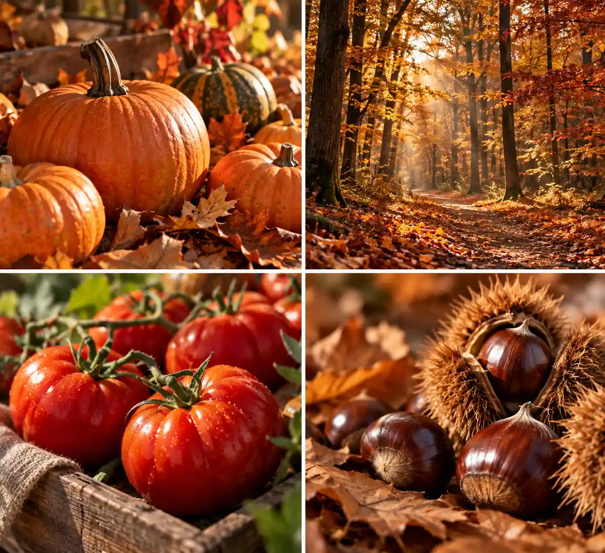 Colori dell'Autunno in Armocromia: zucche arancioni, foglie autunnali e tonalità calde della natura.
