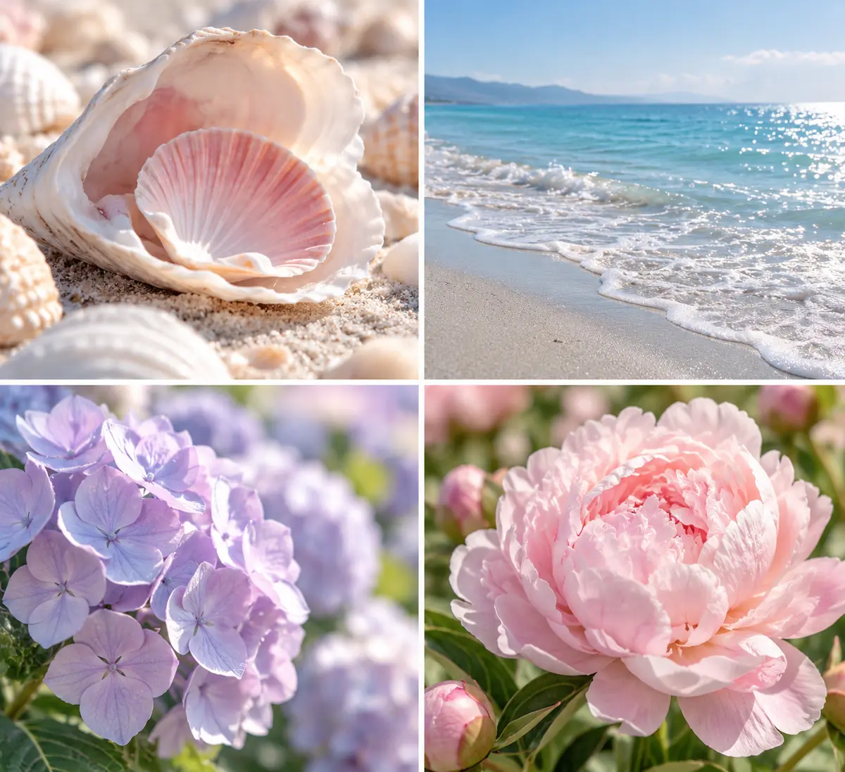 Colori dell'Estate in Armocromia: conchiglia rosa, mare celeste soft, ortensie lilla e peonia rosa chiara.