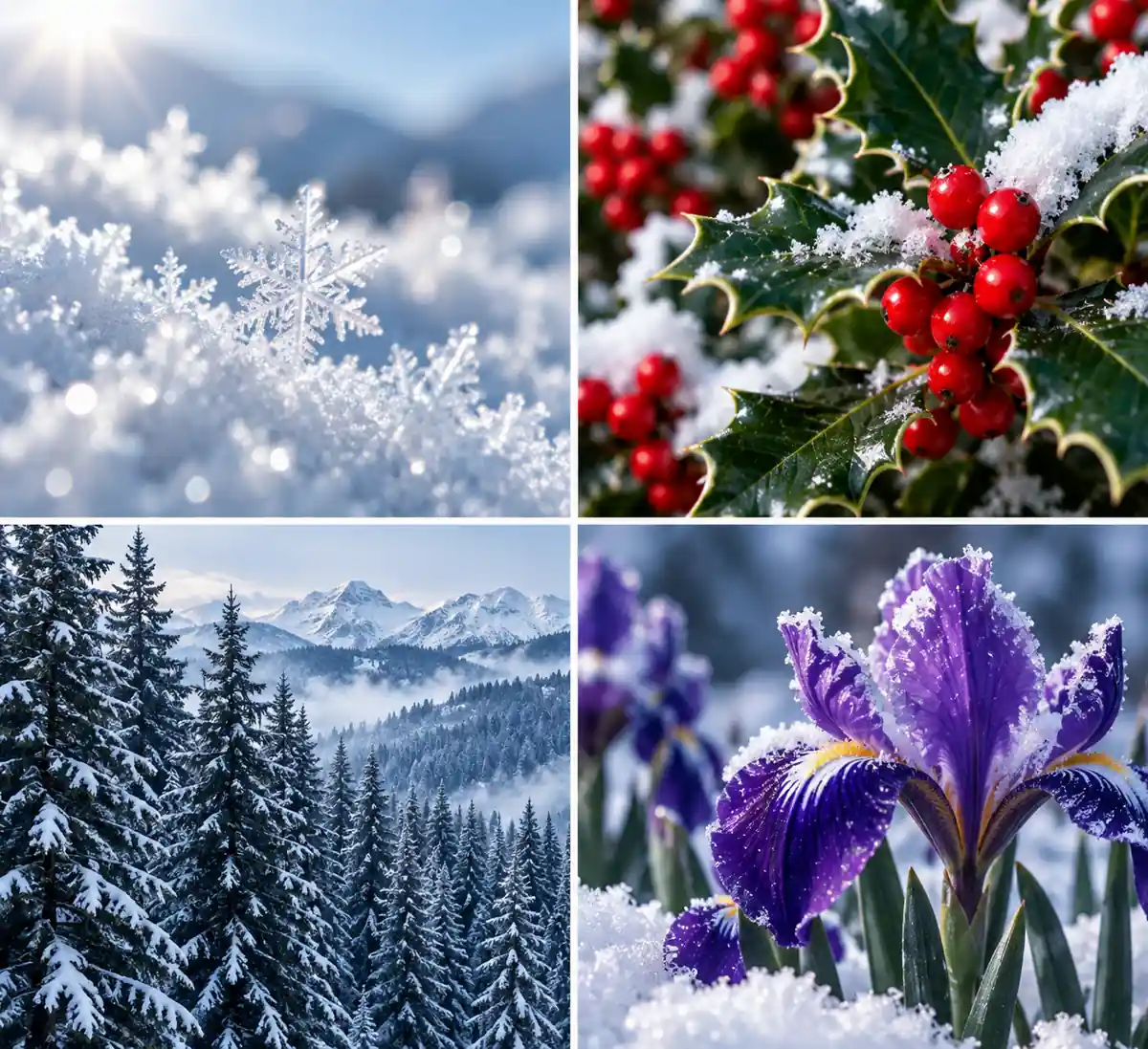 Colori dell'Inverno in Armocromia: neve brillante, agrifoglio con bacche rosse e paesaggio invernale.