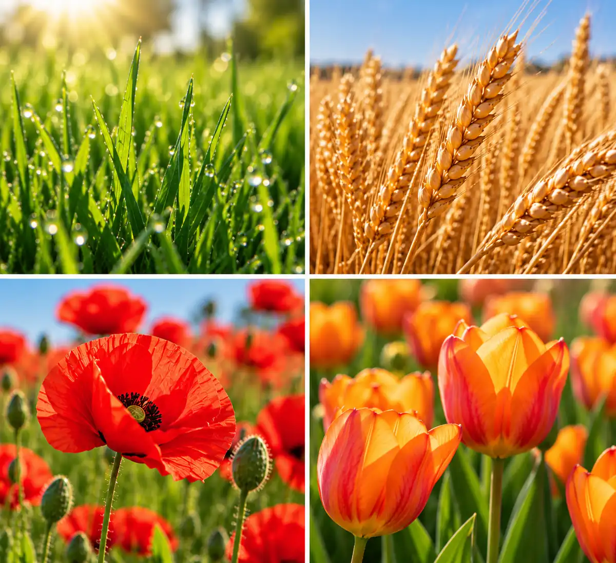 Colori della Primavera in Armocromia: erba appena nata, grano, papaveri rossi e tulipani arancioni