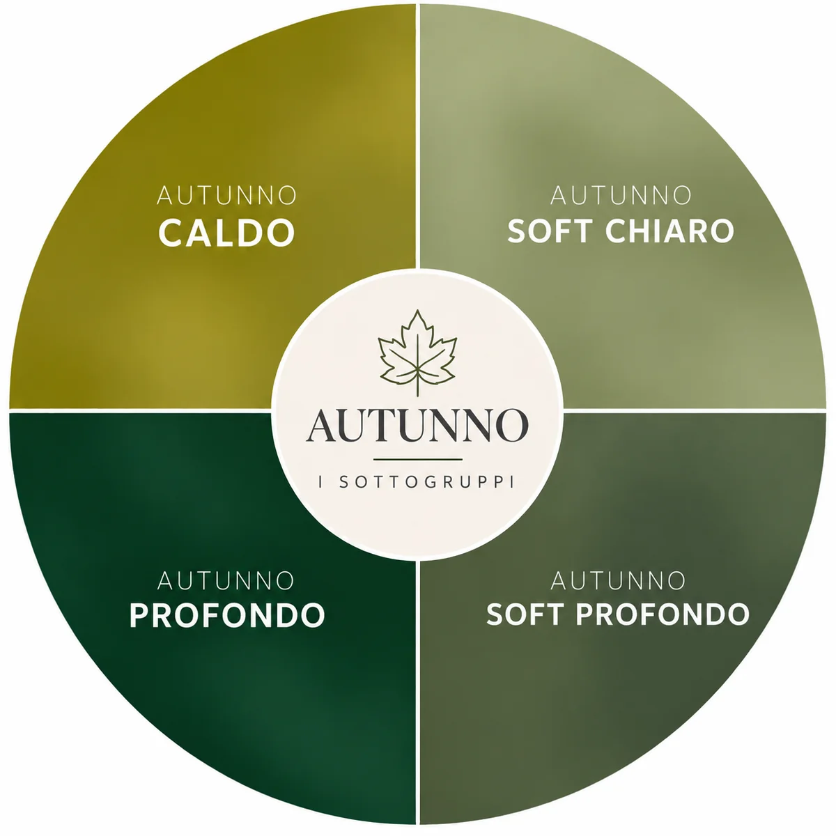 Grafico circolare dei quattro sottogruppi dell'Armocromia Autunno: Caldo, Profondo, Soft Chiaro e Soft Profondo.