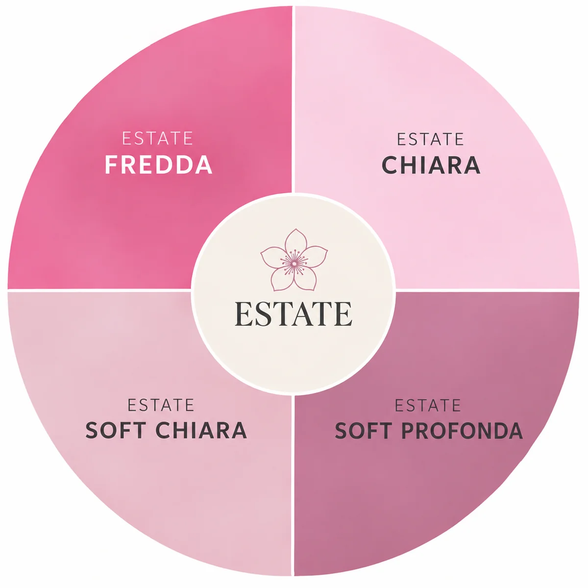 Grafico circolare dei quattro sottogruppi dell'Armocromia Estate: Fredda, Chiara, Soft Chiara e Soft Profonda.