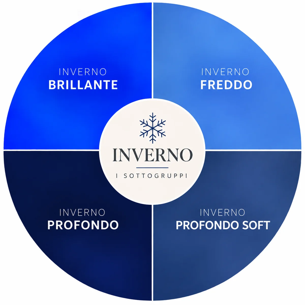 Grafico circolare dei quattro sottogruppi dell'Armocromia Inverno: Freddo, Brillante, Profondo e Profondo Soft.